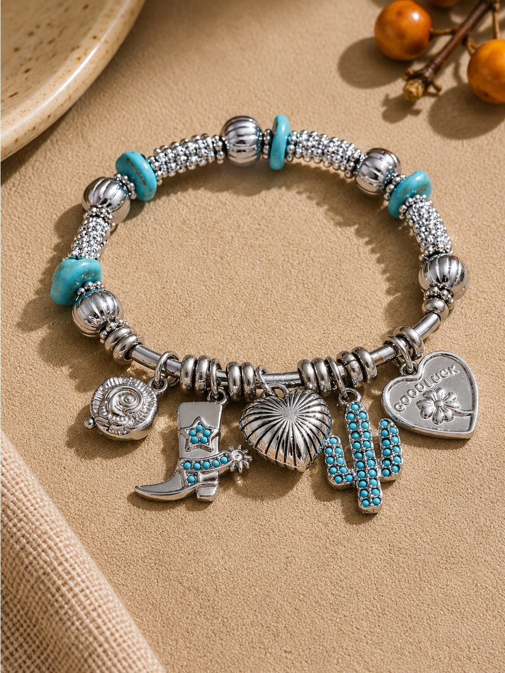 Silver-Tone Bracelet with Turquoise Accents and Western Charms